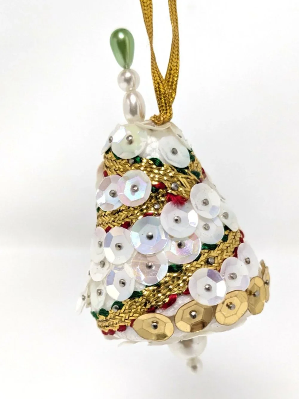 Vintage Handmade Push Pin Ornaments Bead Sequin White Set 3 Snowman Bell Star